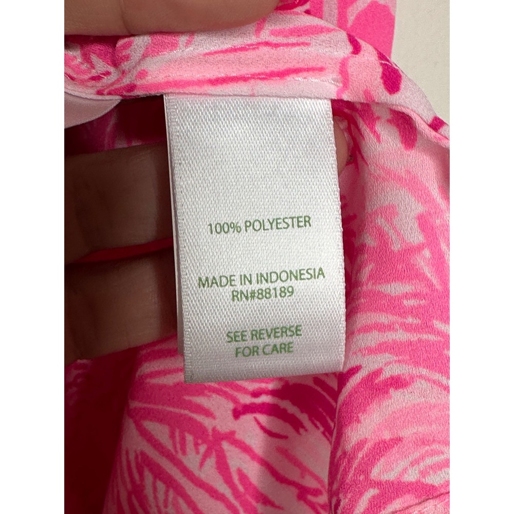 Lilly Pulitzer Blouse XS Pink Tropical Palm Tree Tie V-Neck Resort Top Pamela - Picture 8 of 9